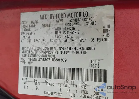 2007 Ford Explorer Eddie Bauer from USA, damaged, VIN 1FMEU74807UB88309